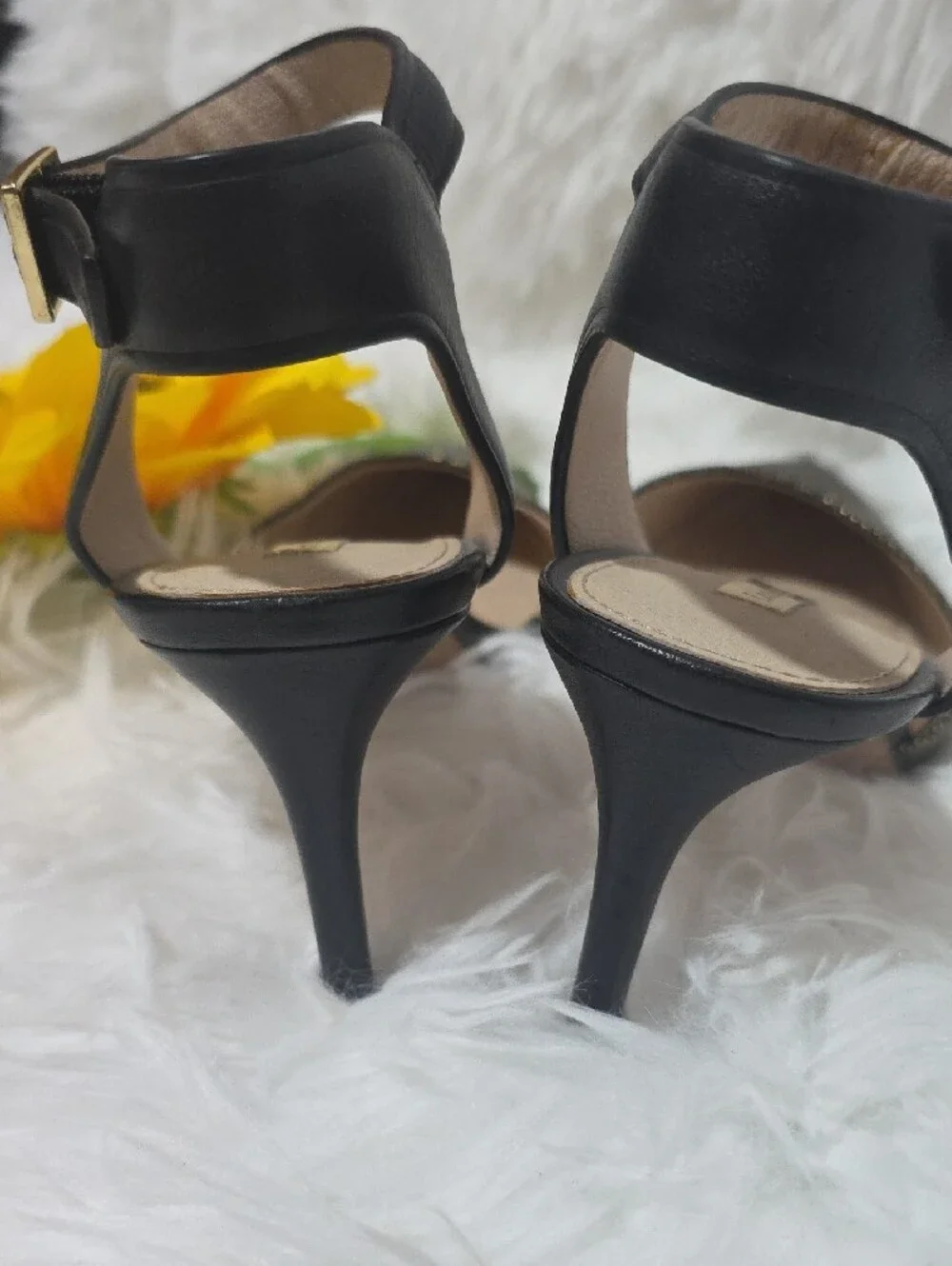 Louise et Cie Black Metallic Textured Pointed Ankle-Strap Heels